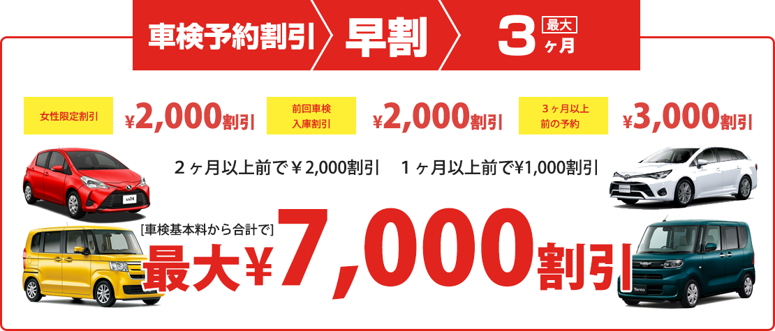 車検予約割引最大３ヶ月7000円割引